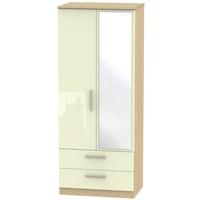 Knightsbridge High Gloss Cream and Oak Wardrobe - 2ft 6in with 2 Drawer and Mirror