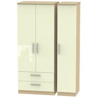 knightsbridge high gloss cream and oak triple wardrobe with 2 drawer