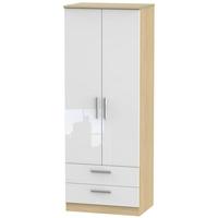 Knightsbridge High Gloss White and Oak Wardrobe - Tall 2ft 6in with 2 Drawer