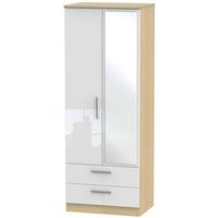 Knightsbridge High Gloss White and Oak Wardrobe - Tall 2ft 6in with 2 Drawer and Mirror