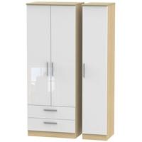 Knightsbridge High Gloss White and Oak Triple Wardrobe - Tall with 2 Drawer