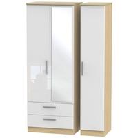 Knightsbridge High Gloss White and Oak Triple Wardrobe - Tall with 2 Drawer and Mirror