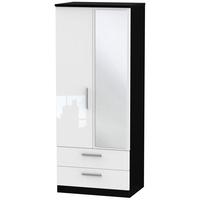 Knightsbridge High Gloss White and Black Wardrobe - 2ft 6in with 2 Drawer and Mirror