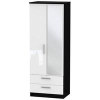 Knightsbridge High Gloss White and Black Wardrobe - Tall 2ft 6in with 2 Drawer and Mirror