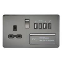 KnightsBridge 13A 2G Screwless Black Nickel 1G Switched Socket with Quad 5V USB Charger Ports