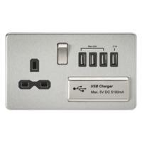 KnightsBridge 13A 2G Screwless Brushed Chrome 1G Switched Socket with Quad 5V USB Charger Ports
