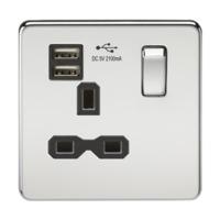 KnightsBridge 13A 1G Screwless Polished Chrome 1G Switched Socket with Dual 5V USB Charger Ports
