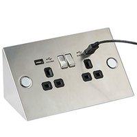 KnightsBridge 13A 2G Stainless Steel Mounting Socket with Twin USB Charging Ports