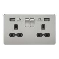 KnightsBridge 13A 2G Screwless Brushed Chrome 2G Switched Socket with Dual 5V USB Charger Ports