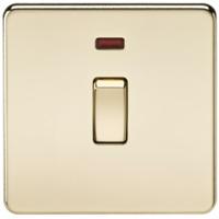 KnightsBridge 20A 1G DP 230V Screwless Polished Brass Electric Wall Plate Switch with Neon