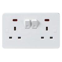 KnightsBridge Pure 9mm 13A White 2G Twin 230V UK 3 Switched Electric Wall Socket with Neon