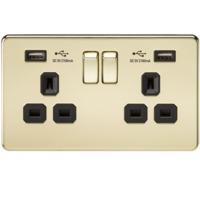 KnightsBridge 2G 13A Screwless Polished Brass 2G Switched Socket with Dual 5V USB Charger Ports