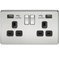 KnightsBridge 2G 13A Screwless Polished Chrome 2G Switched Socket with Dual 5V USB Charger Ports