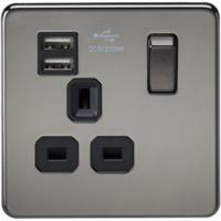 KnightsBridge 1G 13A Screwless Black Nickel 1G Switched Socket with Dual 5V USB Charger Ports