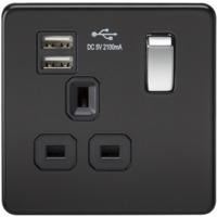 KnightsBridge 1G 13A Screwless Matt Black 1G Switched Socket with Dual 5V USB Charger Ports