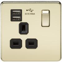 KnightsBridge 1G 13A Screwless Polished Brass 1G Switched Socket with Dual 5V USB Charger Ports