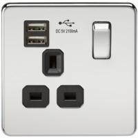 KnightsBridge 1G 13A Screwless Polished Chrome 1G Switched Socket with Dual 5V USB Charger Ports