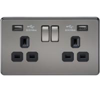 KnightsBridge 2G 13A Screwless Black Nickel 2G Switched Socket with Dual 5V USB Charger Ports
