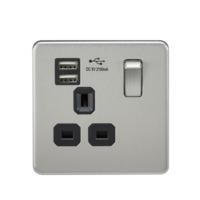 KnightsBridge 1G 13A Screwless Brushed Chrome 1G Switched Socket with Dual 5V USB Charger Ports