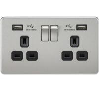 KnightsBridge 2G 13A Screwless Brushed Chrome 2G Switched Socket with Dual 5V USB Charger Ports