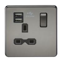 KnightsBridge 13A 1G Screwless Black Nickel 1G Switched Socket with Dual 5V USB Charger Ports