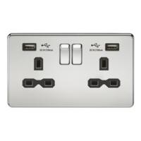 KnightsBridge 13A 2G Screwless Polished Chrome 2G Switched Socket with Dual 5V USB Charger Ports