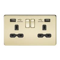 KnightsBridge 13A 2G Screwless Polished Brass 2G Switched Socket with Dual 5V USB Charger Ports