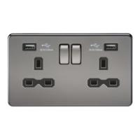 KnightsBridge 13A 2G Screwless Black Nickel 2G Switched Socket with Dual 5V USB Charger Ports
