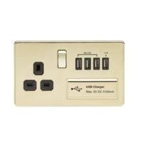 KnightsBridge 2G 13A Screwless Polished Brass 1G Switched Socket with Quad 5V USB Charger Ports