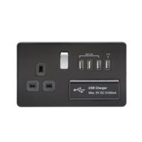 KnightsBridge 2G 13A Screwless 1G Matt Black Switched Socket with Quad 5V USB Charger Ports