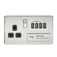 KnightsBridge 2G 13A Screwless Polished Chrome 1G Switched Socket with Quad 5V USB Charger Ports