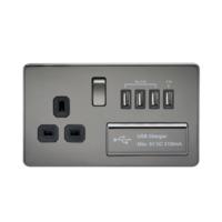 KnightsBridge 2G 13A Screwless Black Nickel 1G Switched Socket with Quad 5V USB Charger Ports