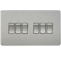 KnightsBridge 10A 6G 2 Way 230V Screwless Brushed Chrome Electric Wall Plate Switch