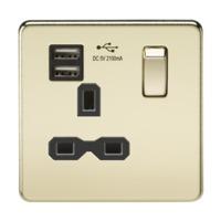 KnightsBridge 13A 1G Screwless Polished Brass 1G Switched Socket with Dual 5V USB Charger Ports