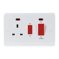 KnightsBridge Pure 9mm 45A White 2G Double Pole 230V Electric Wall Plate Cooker Switch and 13A Socket with Neons