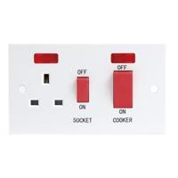 KnightsBridge 45A White 2G Double Pole 230V Electric Wall Plate Cooker Switch and 13A Socket with Neons