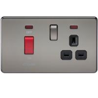 KnightsBridge 45A 2G DP 230V Screwless Black Nickel Electric Switch With Neon and Socket