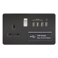 KnightsBridge 13A 2G Screwless 1G Matt Black Switched Socket with Quad 5V USB Charger Ports