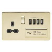 KnightsBridge 13A 2G Screwless Polished Brass 1G Switched Socket with Quad 5V USB Charger Ports