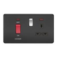 KnightsBridge 2G 45A DP 230V Screwless Matt Black Electric Switch With Neon and Socket