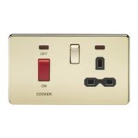 KnightsBridge 2G 45A DP 230V Screwless Polished Brass Electric Switch With Neon & Socket