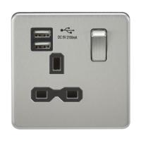 KnightsBridge 13A 1G Screwless Brushed Chrome 1G Switched Socket with Dual 5V USB Charger Ports