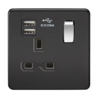 KnightsBridge 13A 1G Screwless Matt Black 1G Switched Socket with Dual 5V USB Charger Ports