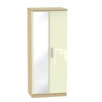 Knightsbridge 2 Door Wardrobe with Mirror Knightsbridge - 2â??6â? Robe with Mirror - Cream Gloss - Oak Base Colour