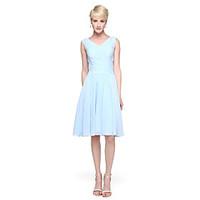 Knee-length Chiffon Bridesmaid Dress - A-line V-neck with Sash / Ribbon