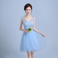 Knee-length Lace / Satin / Tulle Bridesmaid Dress - A-line Straps with Lace