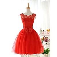 Knee-length Jewel Bridesmaid Dress - Lace-up Sleeveless Lace Tulle Stretch Satin