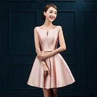 Knee-length Satin Bridesmaid Dress - A-line Notched with Bow(s)