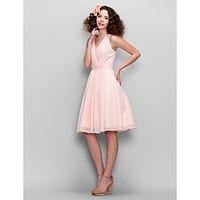 Knee-length Chiffon Bridesmaid Dress - A-line V-neck with Beading / Lace / Criss Cross