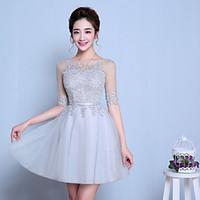 Knee-length Tulle Bridesmaid Dress - A-line Scoop with Ruffles